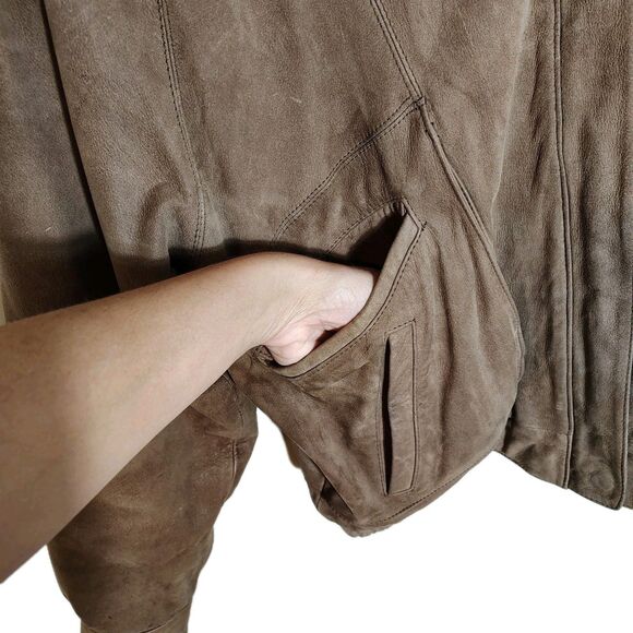 Vintage 80s Women’s Brown Suede Bomber Jacket Zip Up MEDIUM Pockets Soft Leather - Picture 4 of 13